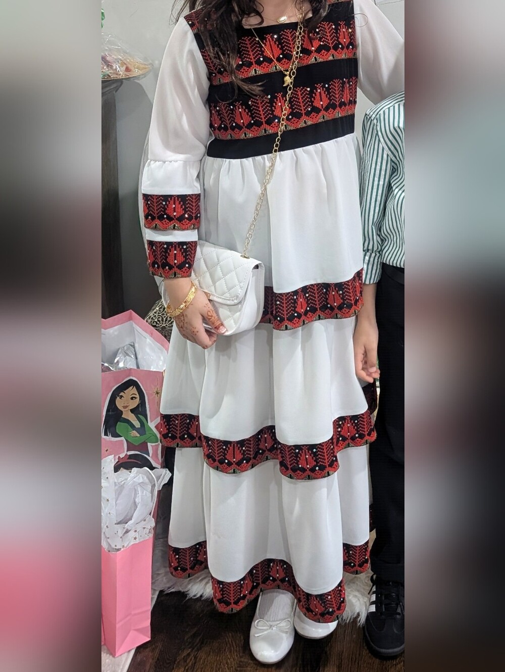 GirlsWhite Tiered Dress Thobe with Red & Black Embroidered Trim
